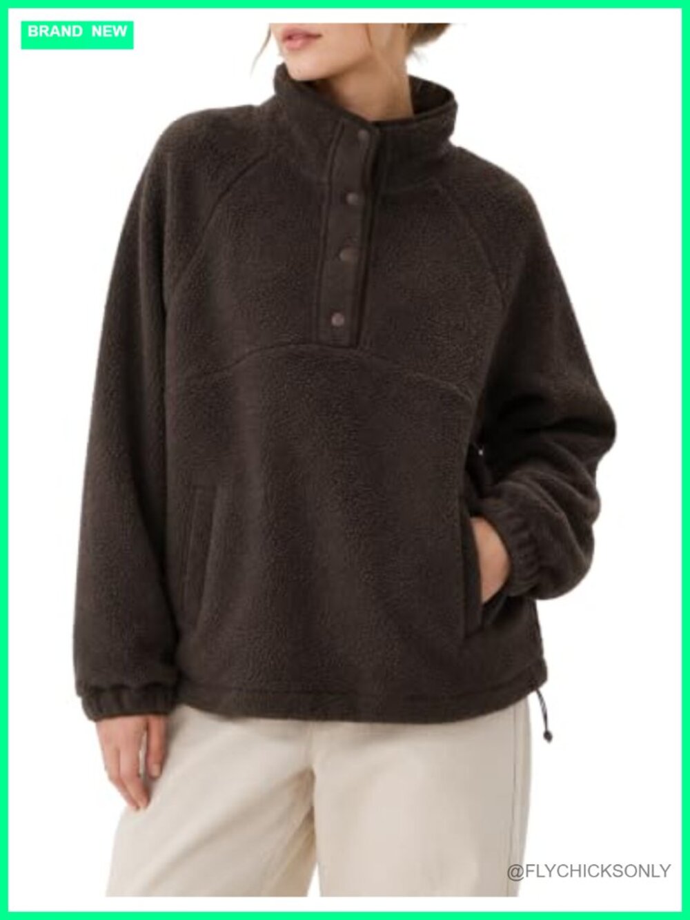 Sherpa Fleece Snap Collar Pullover Sweatshirt with Pockets
